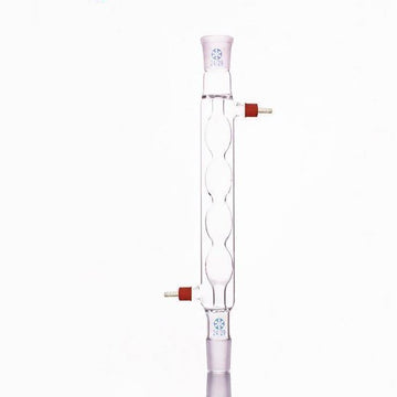 Allihn condenser with joint and unscrewable plastic connectors, length 200 mm to 500 mm.