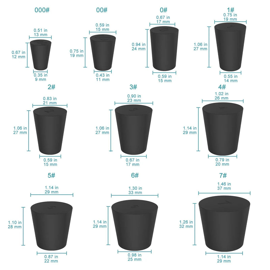Black Rubber Stoppers, Solid, Size #000 - #12