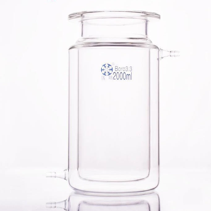 Double jacketed flat bottom cylindrical reaction vessel, flange diameter DN 100 to DN 200, capacity  1.000 to 10.000 ml