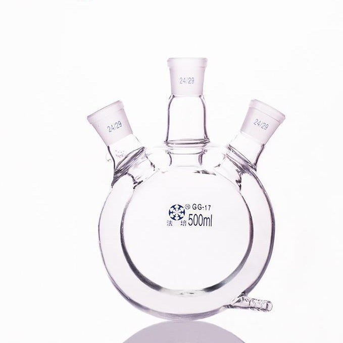 Double jacketed three-necked round-bottom flask, capacity 500 to 2000 ml