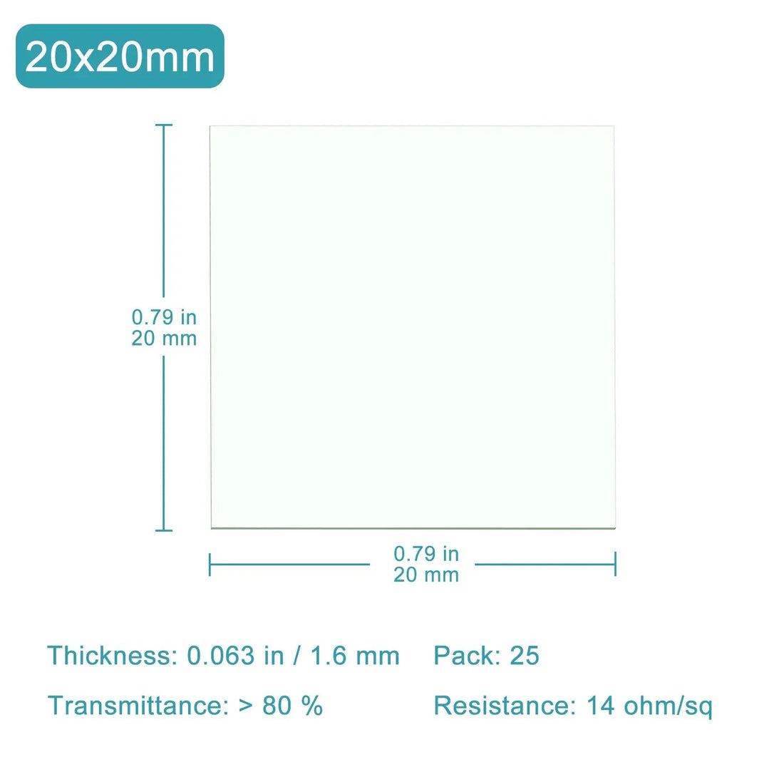 FTO Coated Conductive Glass, Resistance 14 ohm/sq, 0.8 in x 0.8 in x 0.06 in, Pack of 25