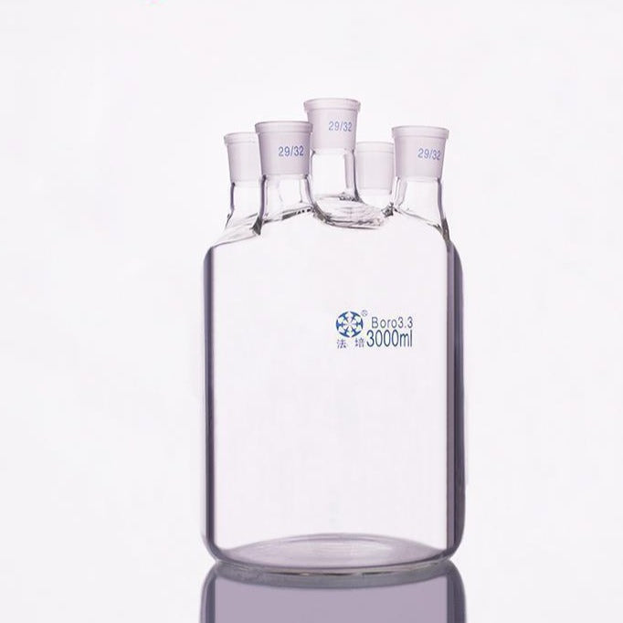 Five-necked  cylindrical bottle, capacity 250 to 5000 ml