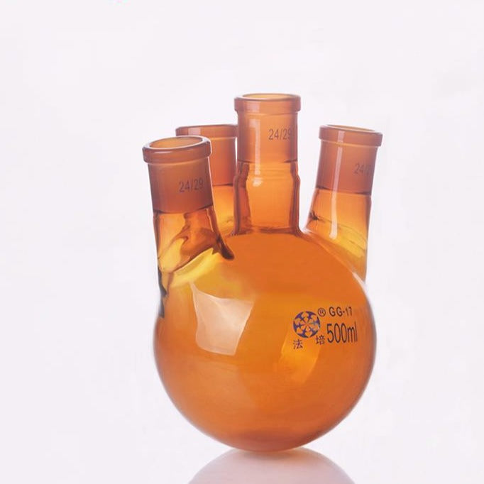 Four-necked round-bottom flask, bevelled side necks, brown glass, 100 ml to 500 ml
