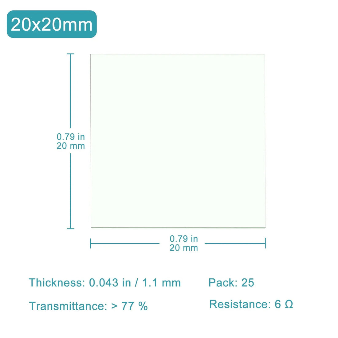 ITO Coated Conductive Glass, Low Resistance 6 ohm/sq, 0.39-1.97 inch, Pack of 25