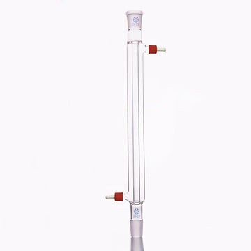 Liebig condenser with joint and unscrewable plastic connectors, length 200 mm to 500 mm.