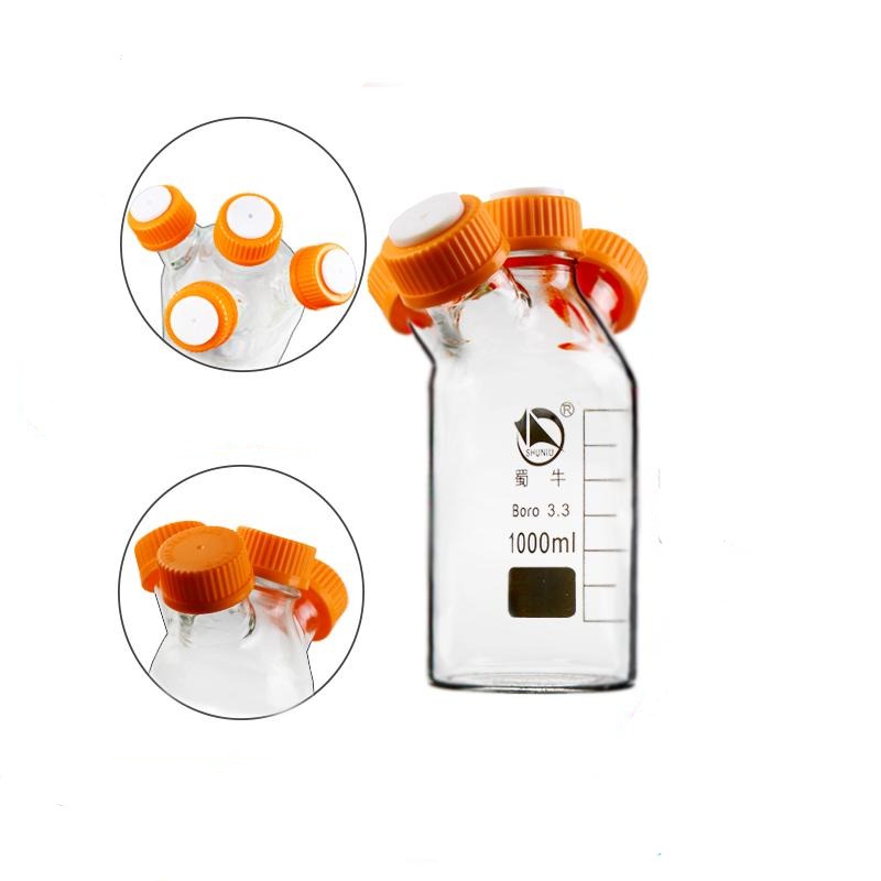 Four-necked HPLC bottle with GL45 screw cap, capacity 250 to 20000 ml