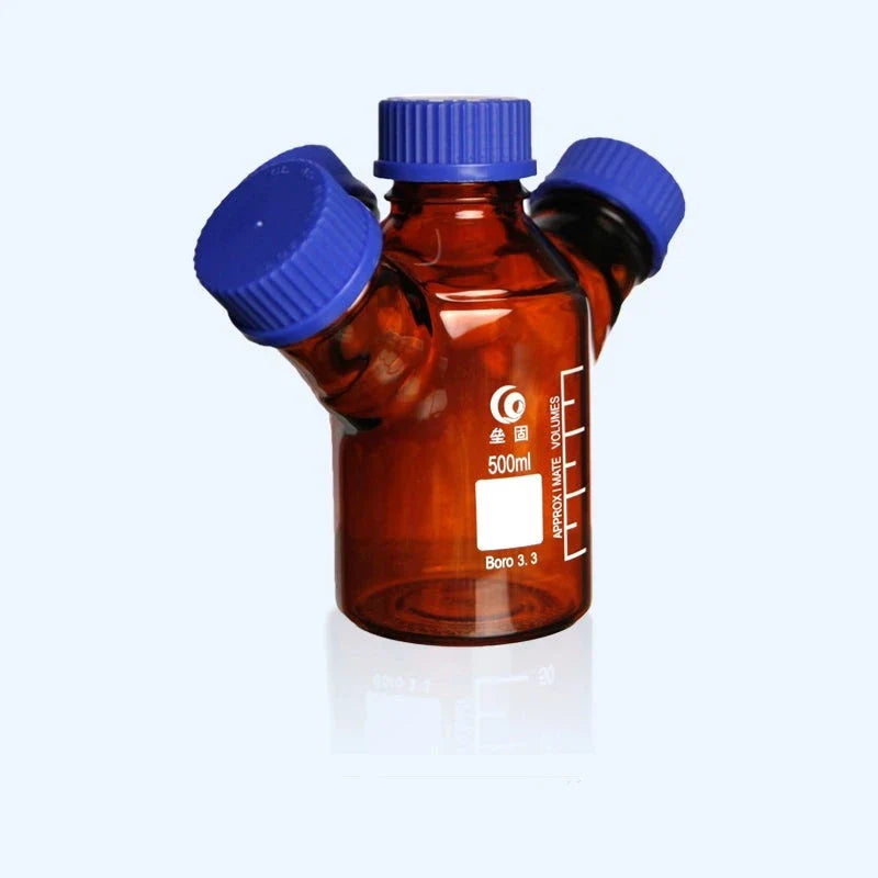 Four-necked HPLC bottle with GL45 screw cap, brown glass,capacity 250 to 2000 ml