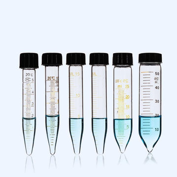 Centrifuge glass tubes with conical bottom and screw cap, capacity 5 to 50 ml, 10 pcs/pack