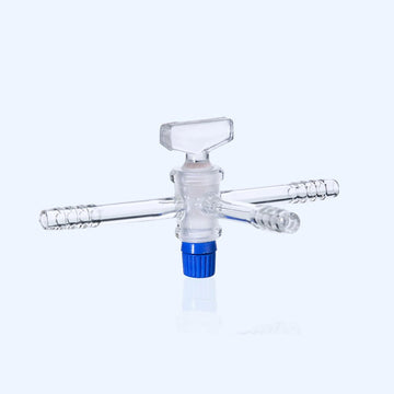 T-shaped three-way tap with glass stopcock and hose connector, tube diameter 7 to 13 mm