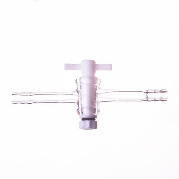 One-way tap with PTFE stopcock and hose connector, tube diameter 8 to 12 mm