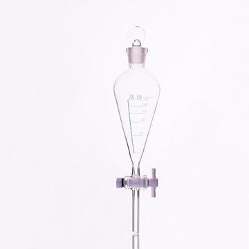 Separating funnel acc. to Squibb with PTFE stopcock and glass stopper, graduated, capacity 125 ml to 1.000 ml.