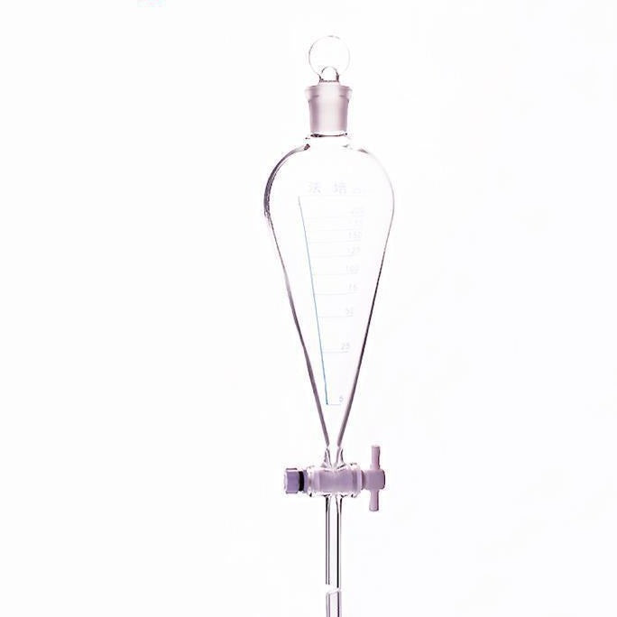 Separating funnel acc. to Squibb with PTFE stopcock and glass stopper, graduated, capacity 125 ml to 1.000 ml.