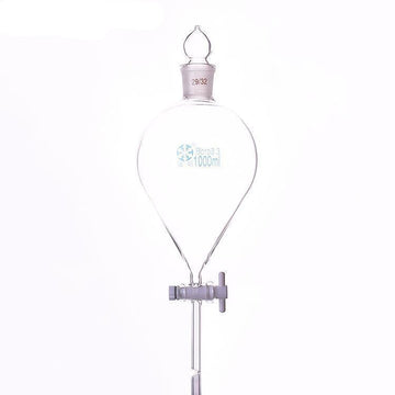 Separating funnel with PTFE stopcock and glass stopper, capacity 60 ml to 1000 ml.