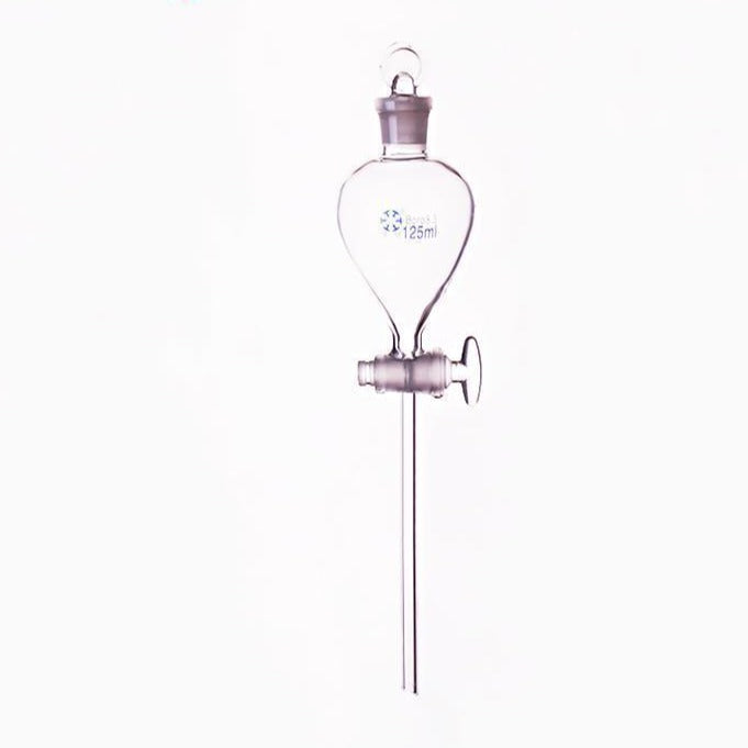 Separating funnel with glass stopcock and glass stopper, capacity 125 ml to 1000 ml.