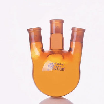 Three-necked round-bottom flask, bevelled side necks, brown glass, 100 ml to 2000 ml