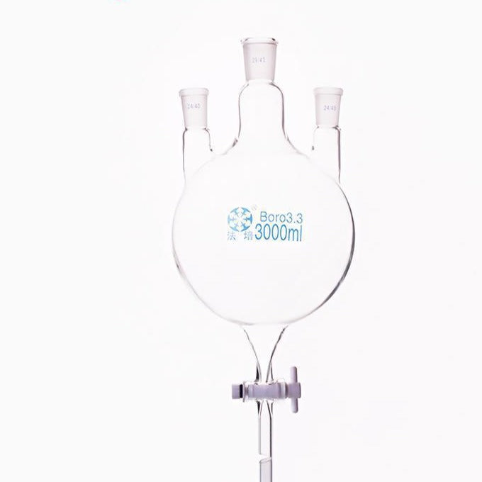 Three-necked round-bottom flask with bottom outlet and PTFE stopcock, capacity 250 to 5000 ml