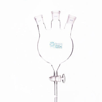 Three-necked round-bottom flask with bottom outlet and glass stopcock, capacity 250 to 5000 ml