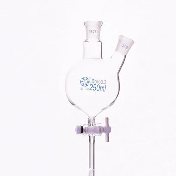 Double-necked round-bottom flask with bottom outlet and PTFE stopcock, capacity 250 to 5.000 ml