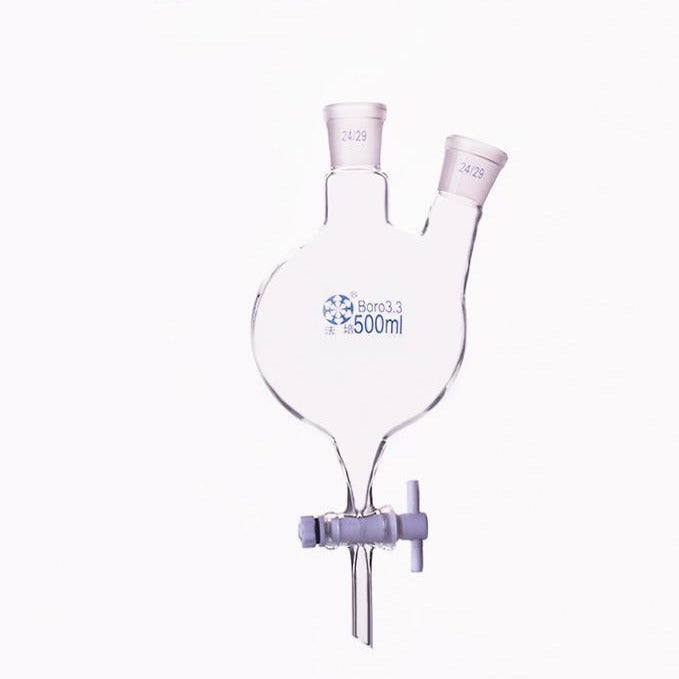 Double-necked round-bottom flask with bottom outlet and PTFE stopcock, capacity 250 to 5.000 ml