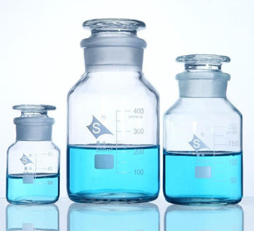 Wide mouth bottle, clear glass, graduated, 60 ml to 20000 ml