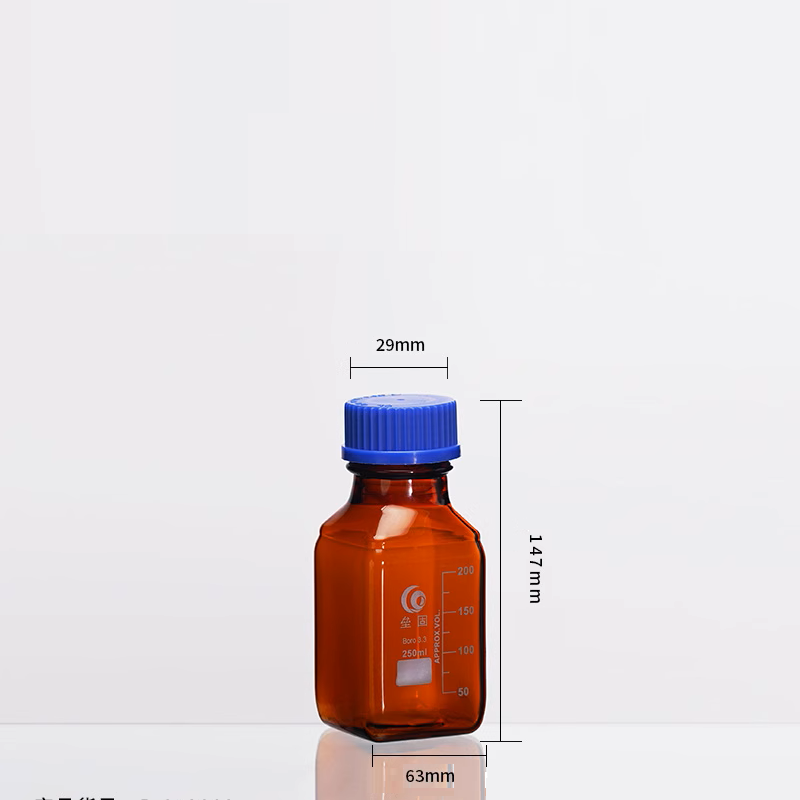 GL45 Square bottle with screw cap, brown glass, graduated, 100 ml to 1.000 ml